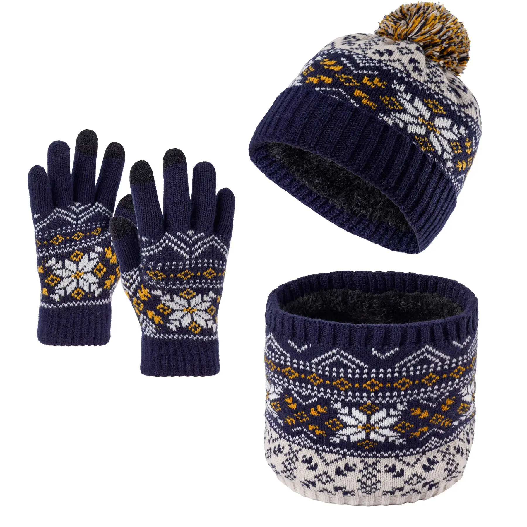 3pc3-12Y الأطفال قبعة محبوكة دافئة ووشاح وقفازات ندفة الثلج ثلاث قطع مجموعة للبنين والبنات مع الصوف
