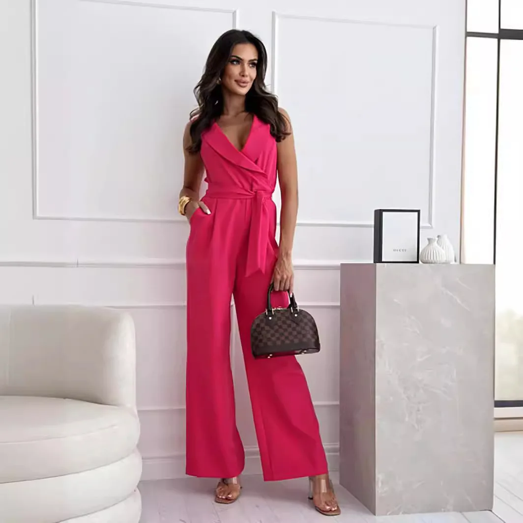 

Summer Women's Solid Comfortable V-neck Sleeveless Jumpsuits Slim Waist One Piece Pants Rompers