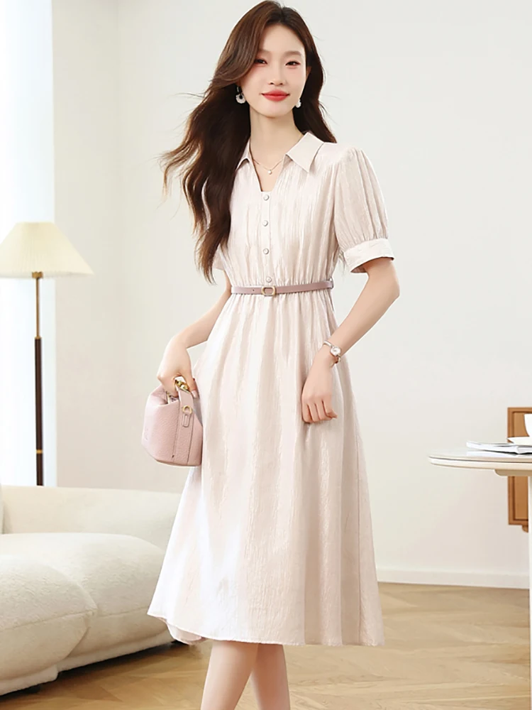 

Women Solid Short Sleeve Polo Collar Shirt Dress Summer Elegant Bandage Bodycon Office Lady Dress 2025 Korean Elegant Prom Dress