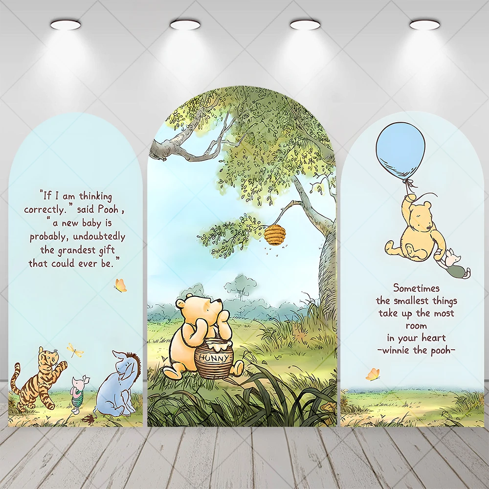 Fondo arqueado de Winnie the Pooh, decoración personalizada para fiesta de 1er cumpleaños de niños, decoración para Baby Shower, telón de fondo arqueado con globo azul