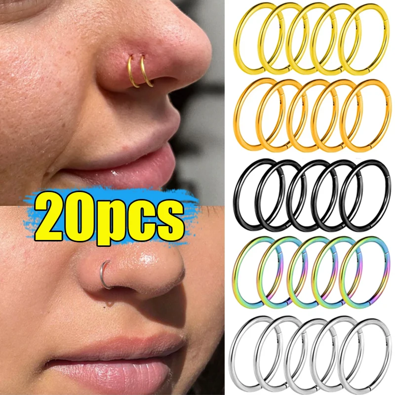 5/20pcs Nose Rings Hoop Hinged Clicker Segment Nose Rings Ear Cartilage Ring Clip Stainless Steel Ear Nose Body Piercing Jewelry