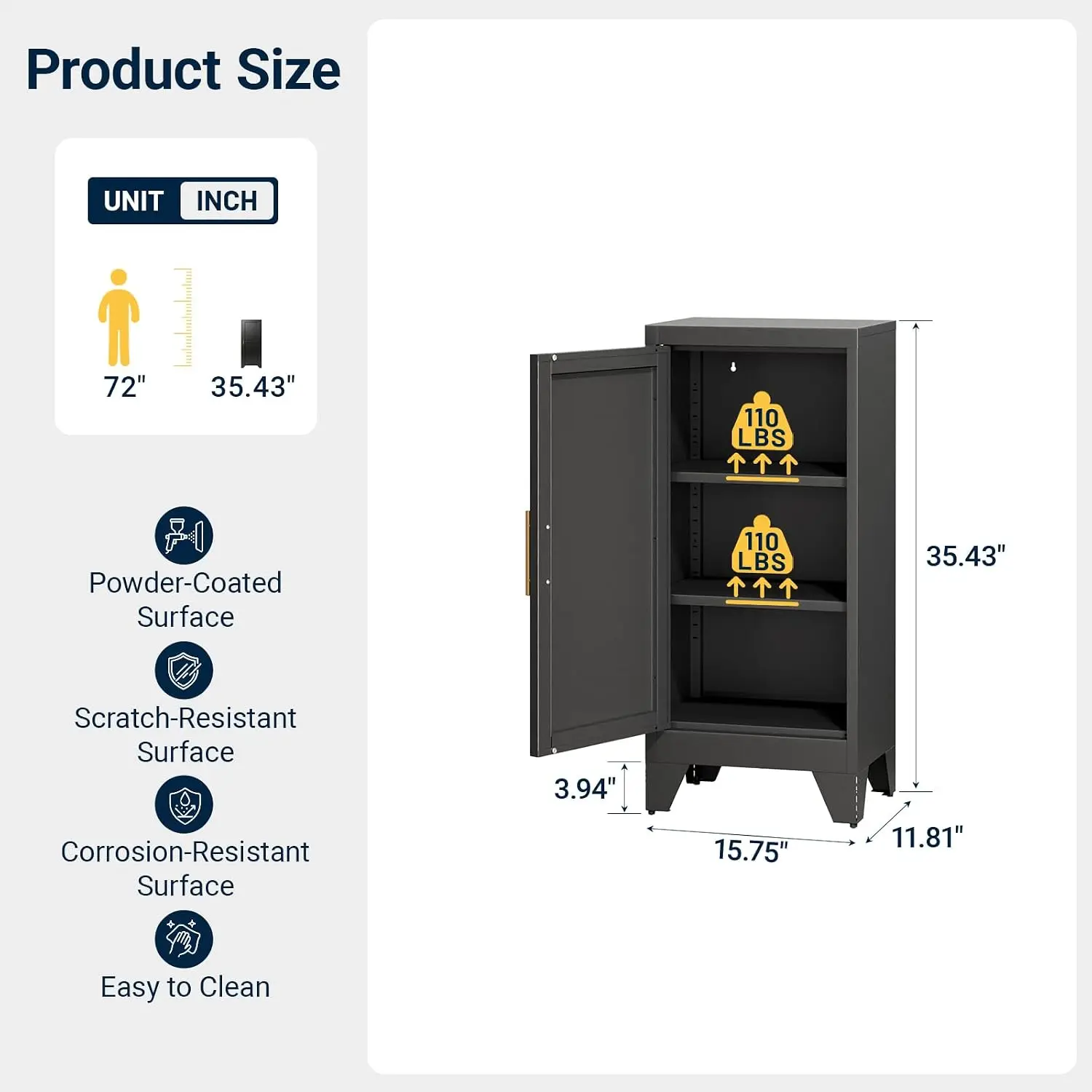 Narrow Metal Storage Cabinet with Reversible Door and Adjustable Shelves, Customized