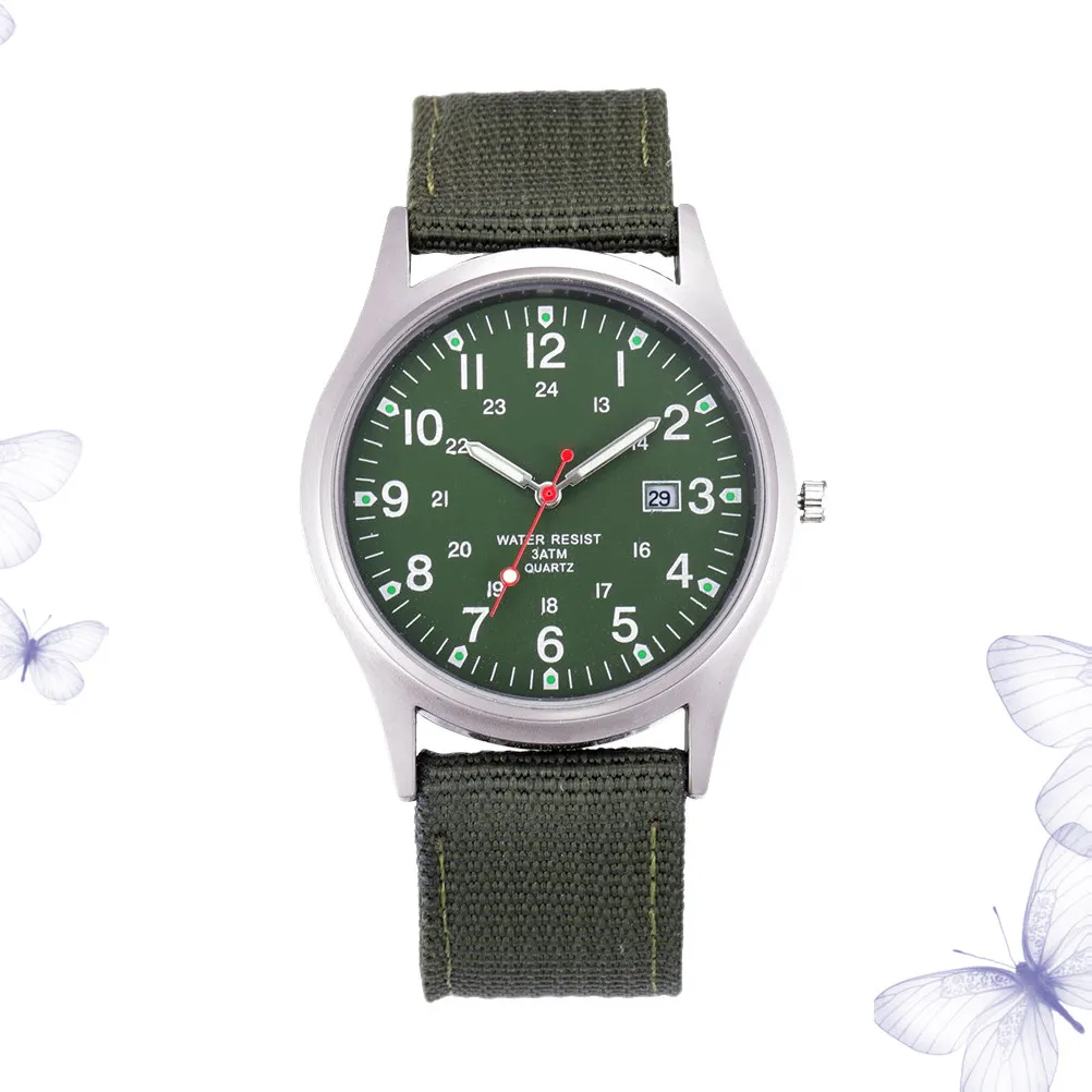 1Pcs Elegant Minimalist Men Quartz Watch Calendar Function Green Canvas Band Sturdy Reliable Luxury Design Daily Wear Office