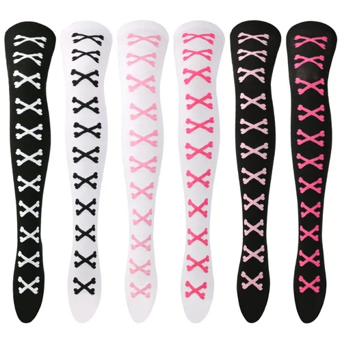 Calcetines hasta el muslo para mujer, medias altas de hueso para Halloween, negro, blanco, rosa, a rayas por encima de la rodilla, divertido Cosplay Harajuku