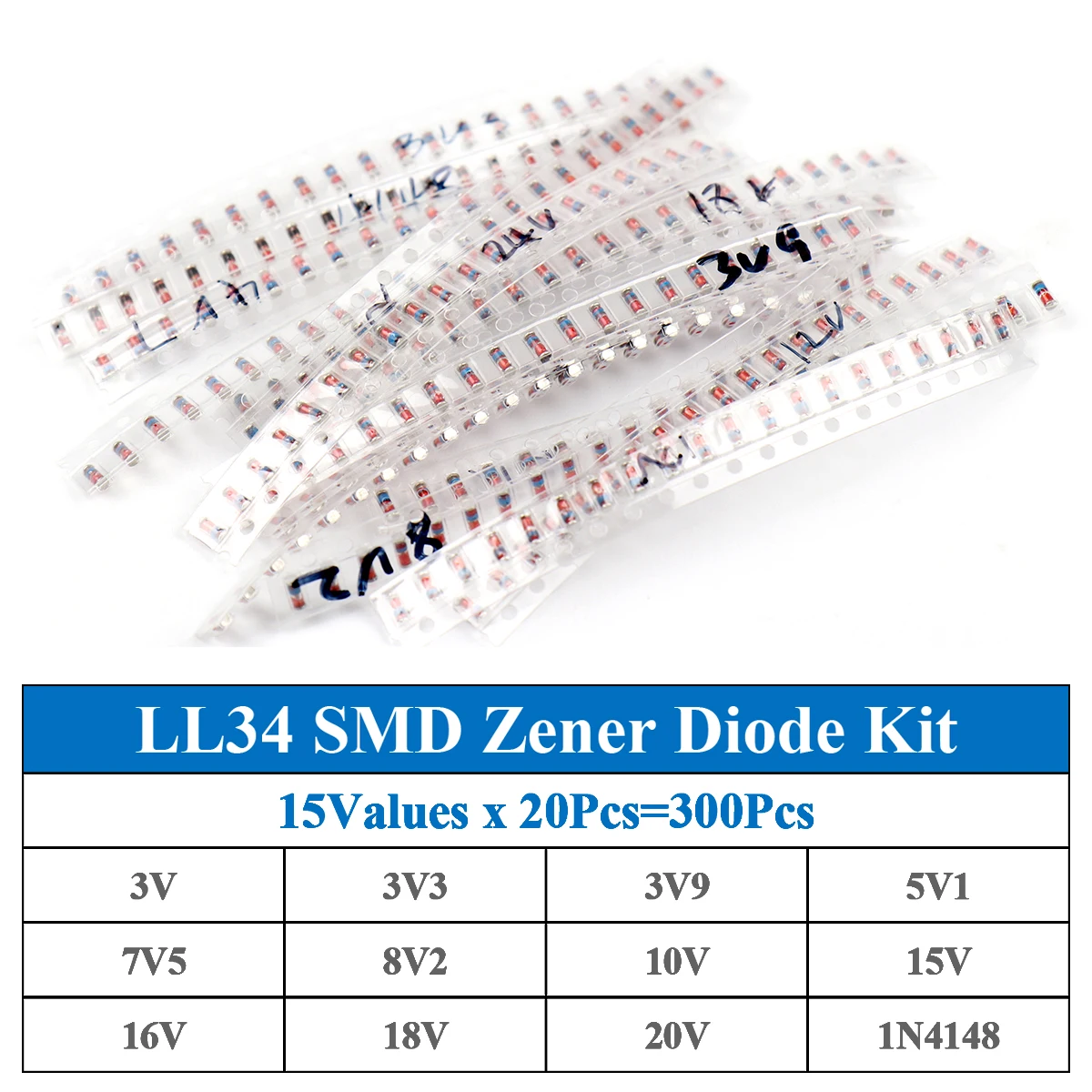 300Pcs/Lot LL34 SMD Zener Diode Assorted Kit 1/2W 3V-24V 1N4148 15Values x 20Pcs Assorstment Kit