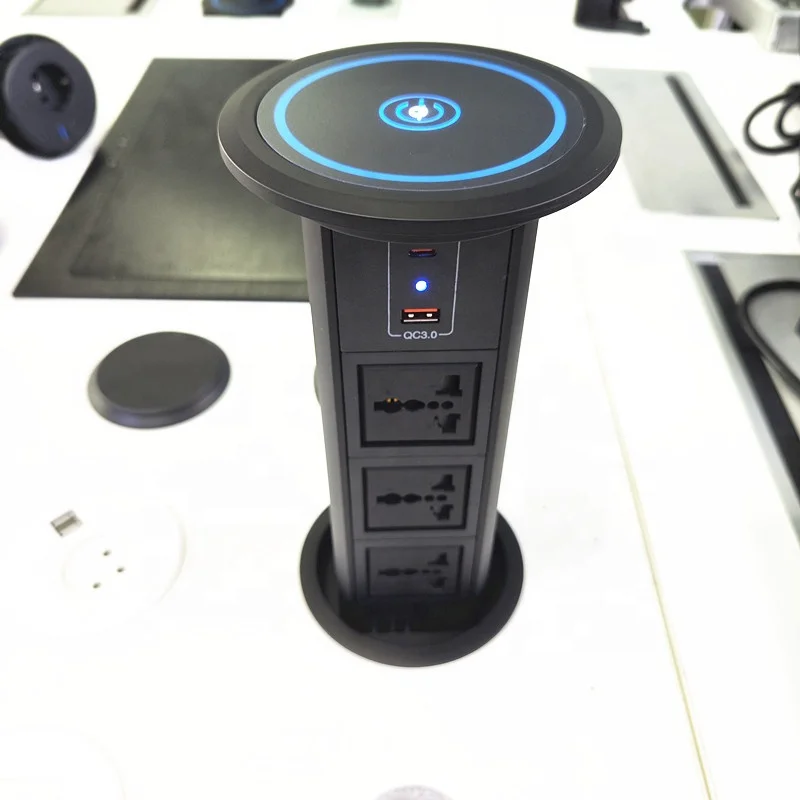 100mm Smart Home Office Universal Power Outlet Motorized Kitchen Worktop Electric Lifting Tower Socket With USB-C Port