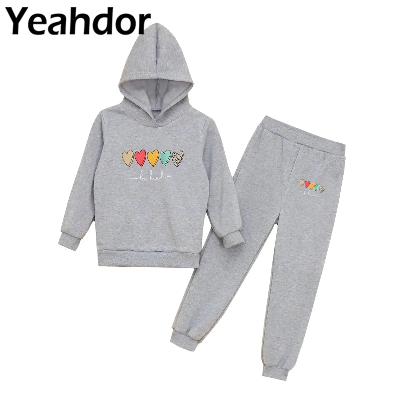 Kids Girls Fall Winter Sports Outfits Long Sleeve Colorful Hearts Print Pullover Sweatshirt and Jogger Pants Athletic Tracksuit