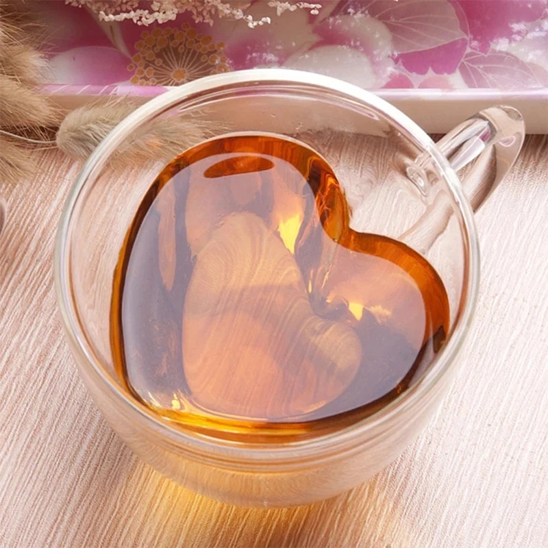 180ml Heart Love Shaped Glass Mug Couple Cups Double Glass Cup Heat-Resisting Wine Glasses/Tea/Milk/Espresso Coffee Cup Bar Set
