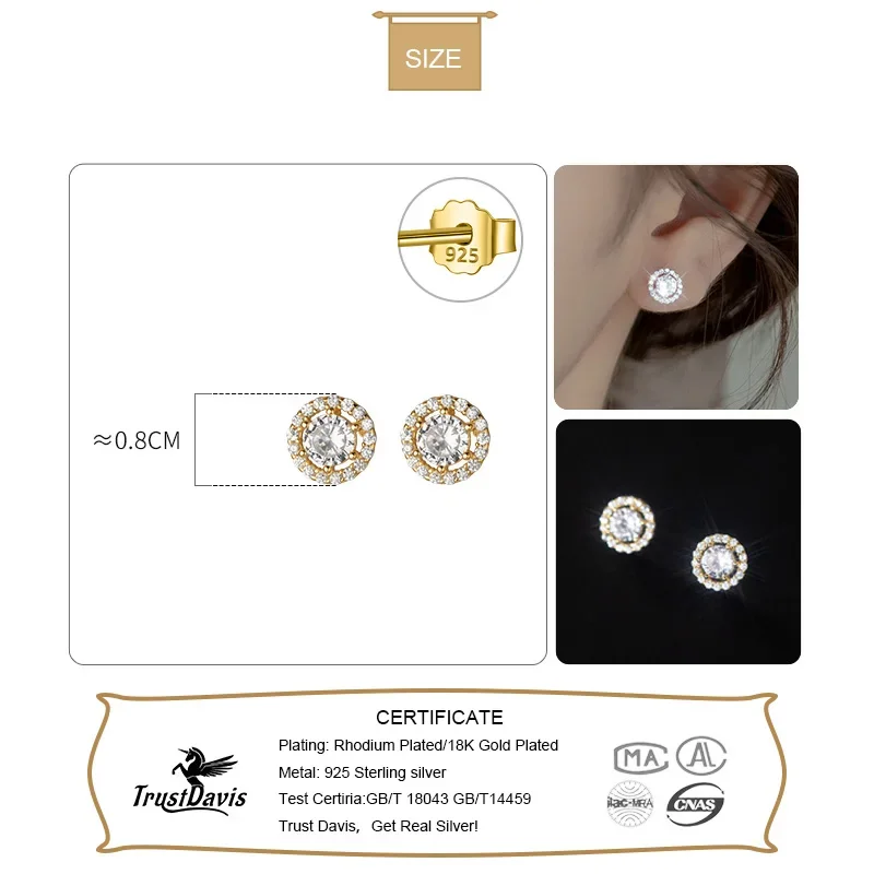 TrustDavis Real 925 Sterling Silver Earring Fashion Round Twinkling CZ Stud Earring For Women Wedding Party Fine Jewelry DA2620