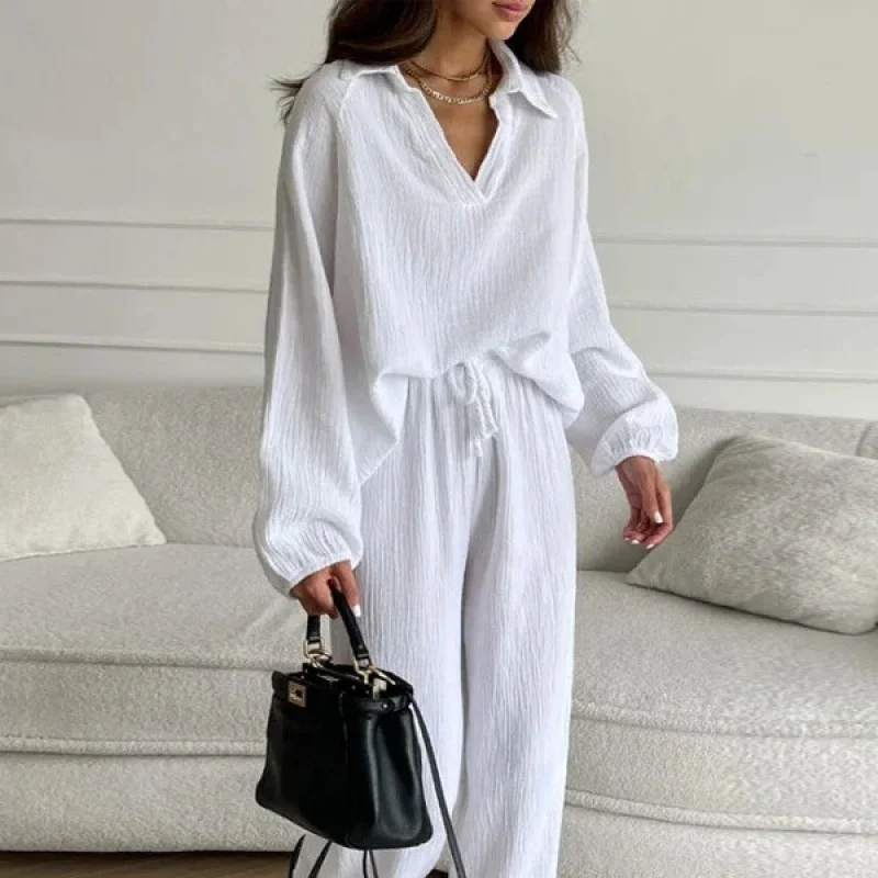 Elegant Women Casual Loose Outfit Women Long Sleeve Top Drawstring Trousers Suit Fall Lapels Two-Piece Set