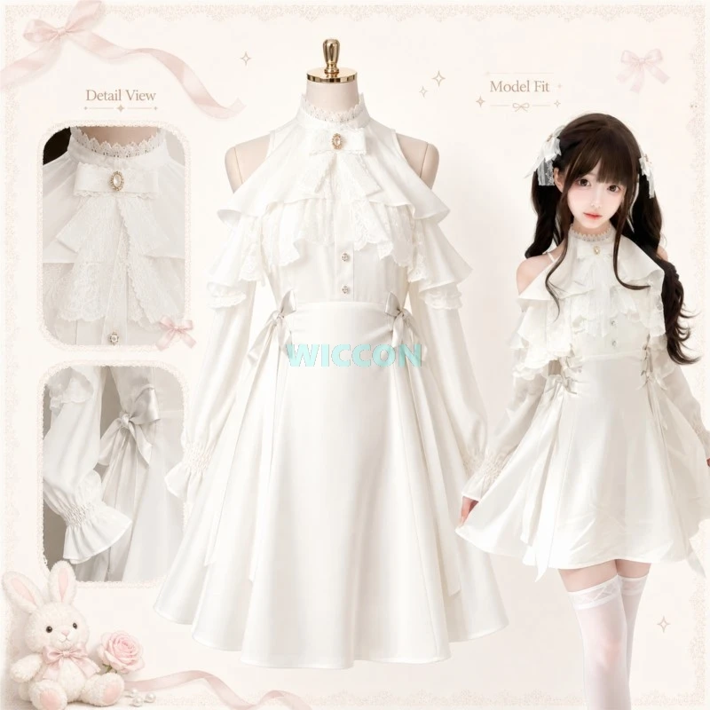Japanese Jirai kei Lolita Elegant Solid Fairy Dress Women Off-the-shoulder Lace Patchwork Sweet Dresses New Summer Fashion Slim