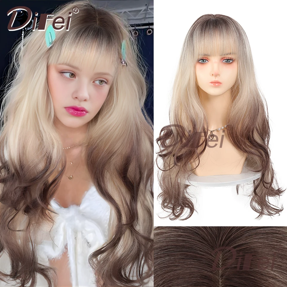 DIFEI Siamese Cat Gradient Synthetic Wig Female Sweet Cool Golden Brown Gradient Long Curly Hair Wavy Hair Full Head Wig