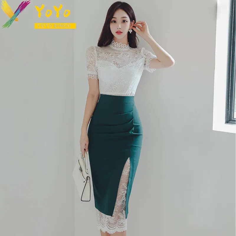 

Formal Set White Hollow Lace Short Sleeve Top High Waist Split Stitched Lace Skirt 2024 Summer Slim Fit Party Club 2 Pieces Set