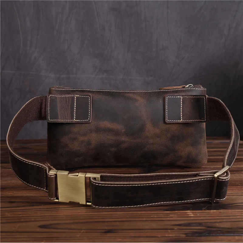 Vintage Waist Pack Genuine Cowhide Retro Style Brown Crazy Horse Leather Clutch Phone Purse Men\'s Portable Shopping Shoulder Bag