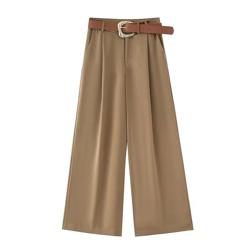 여성용 우아하고 시크한 벨트 주름 장식 캐주얼 루즈 롱 팬츠 여성용 솔리드 사이드 포켓 지퍼 슬림 와이드 레그 팬츠