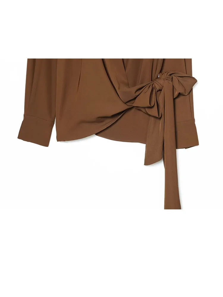 HH Lente Vrouw Mode Lange Mouwen Geplooide Decoratie V Kraag Dubbele Revers Tops Vrouwelijke Losse Casual Elegante Comfortabele Tops