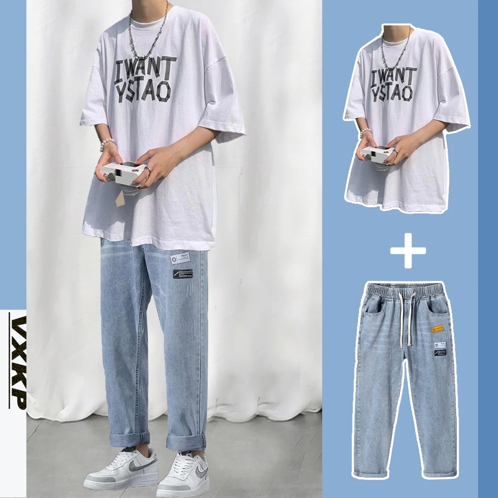 Conjunto de camiseta de manga curta casual de verão para homens, estilo streetwear com jeans, tamanho grande, conjunto de dua...
