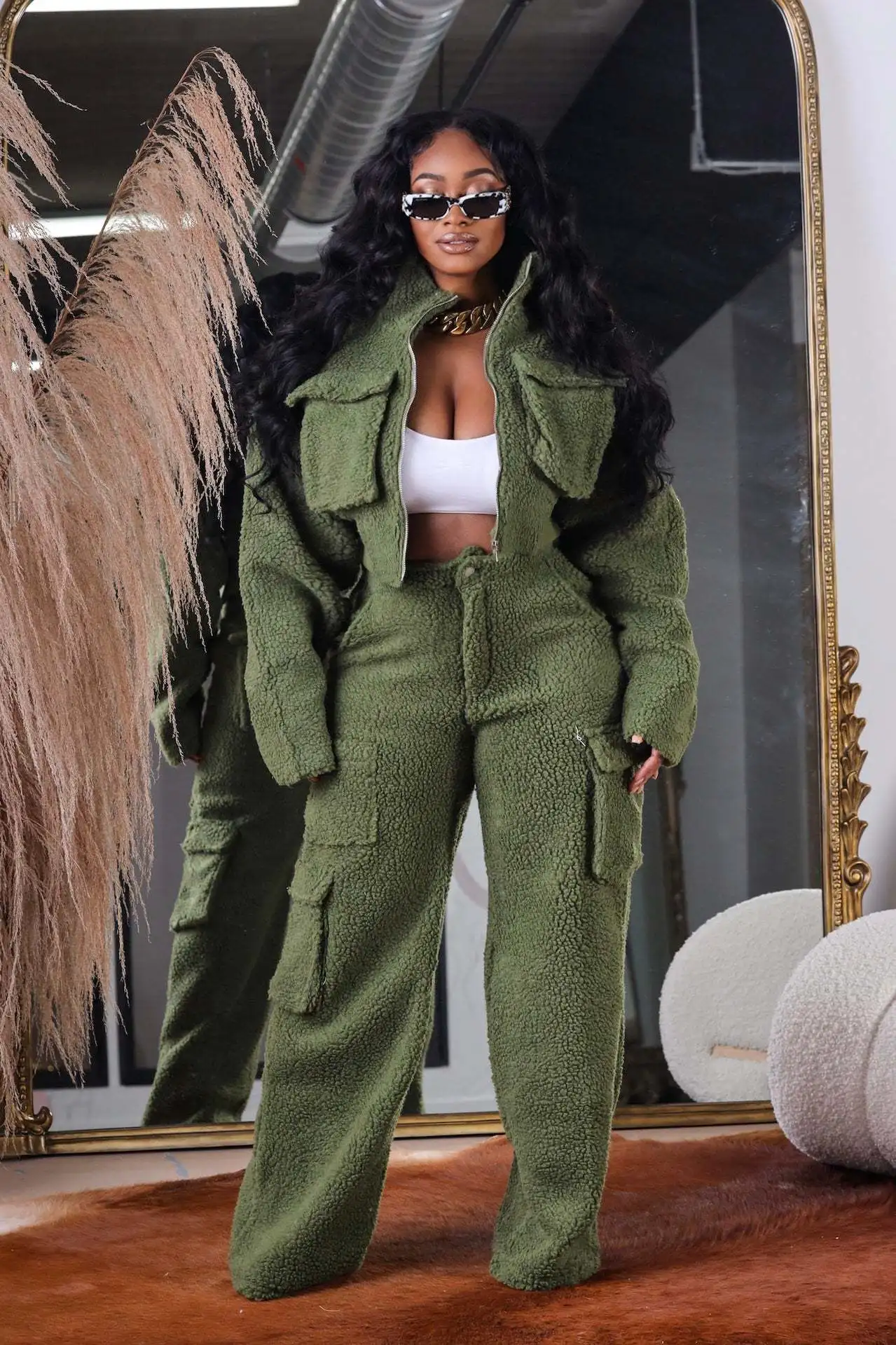 Winter Women\'s Suit Long Sleeve Lapel Coat And Loose Cargo Pants Outfits Solid Color Comfortable Ladies Two-Piece Set