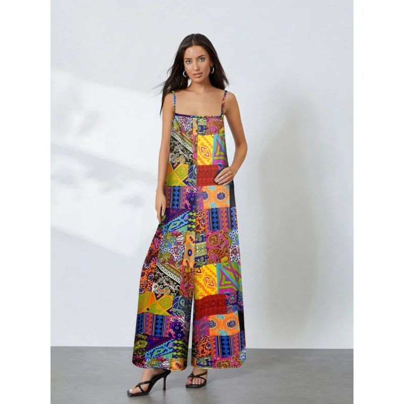 جمبسوت زهري جديد عبر الحدود بطبعة زهور بوهيمية واسعة الساق ملابس نسائية #1
