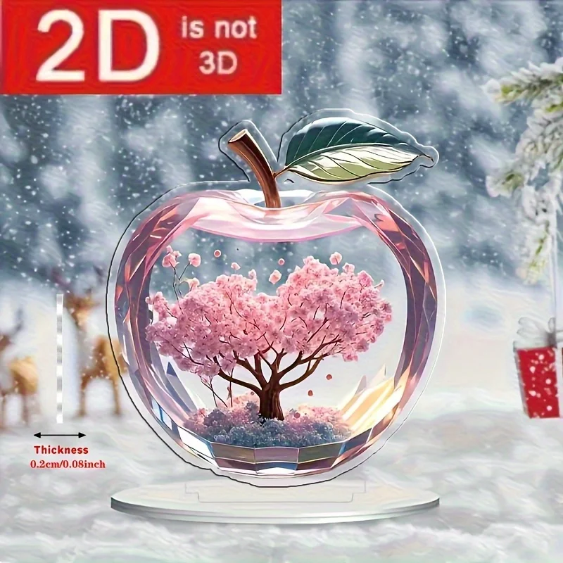 2D Flat, 1pc Sakura Cherry Blossom Apple Acrylic Desktop Decoration - 2D Flat Spring Tabletop Decor with Pink Flowers & Green Le