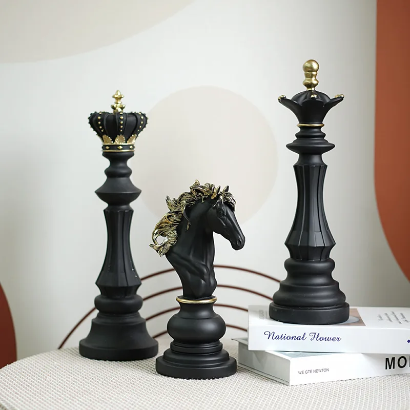 Black International Chess Resin Decorative Ornaments Home Interior Office Figurines King Queen Knight Statue Collection Objects