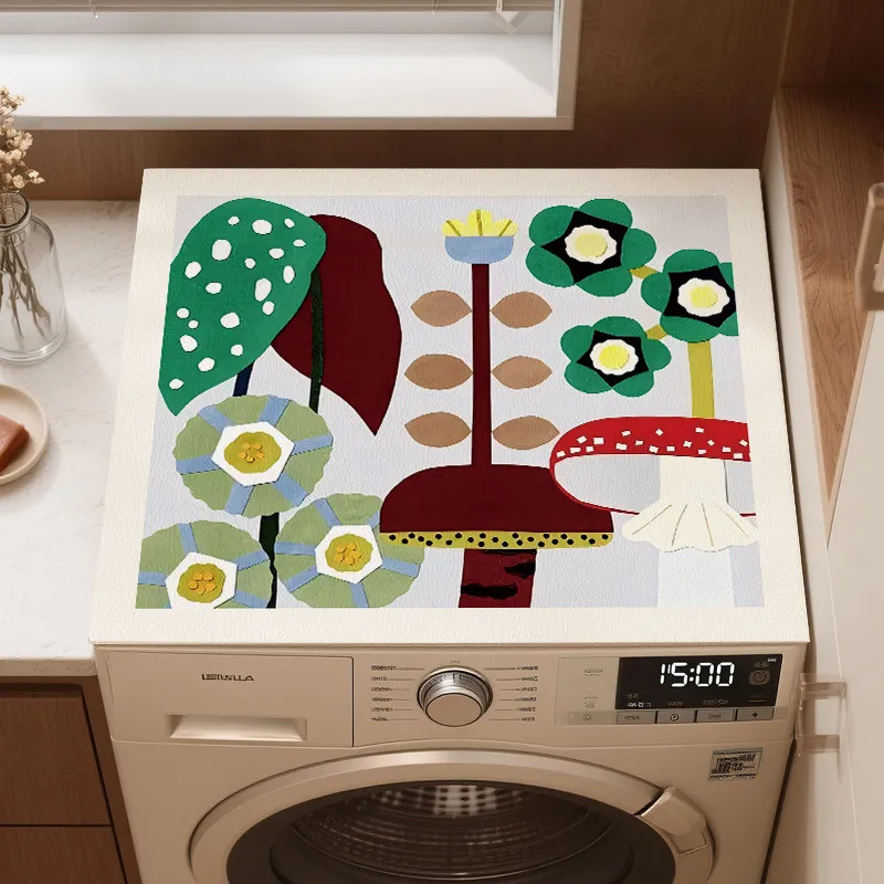 VIKAMA Abstract Mushroom Floral Washing Machine Top Mat Color Block Plant Waterproof Anti Dust Pad For Laundry Dryer Cabinet