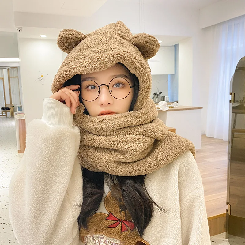 Cute Bear Ear Hat Scarf Women\'s Korean-Style Autumn and Winter Thickening Warm Earflaps Cap Fashion Hooded