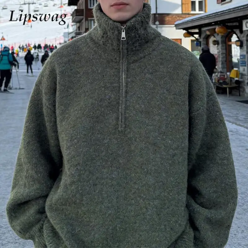 

Винтажный мужской свитер с воротником-стойкой на молнии, повседневный однотонный вязаный джемпер с длинным рукавом, модный свитер для мужчин на весну-осень