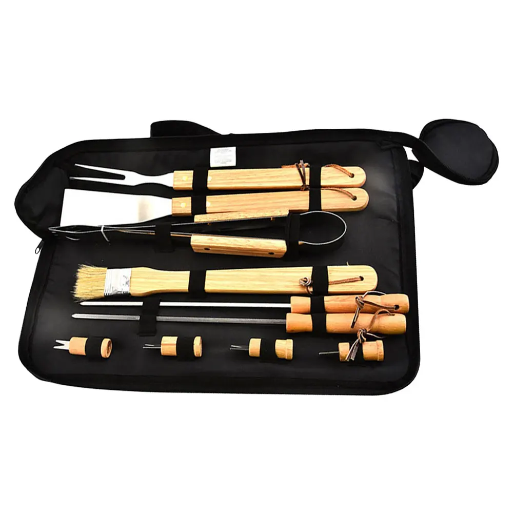 

1 set Outdoor Barbecue Tools Set Portable Grill Supplies Cloth Bag Wooden H Stainless Steel Camping Cooking Utensils