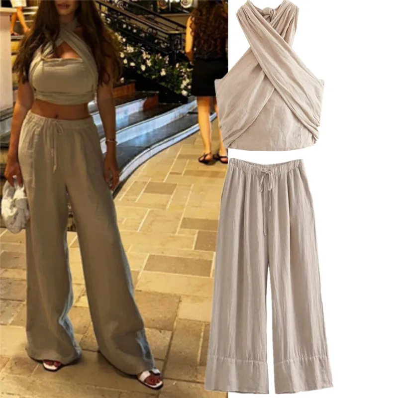 

Чувственный льняной костюм с перекрестными плечами, широкие брюки с поясом и высокой талией, модный праздничный комплект в этническом стиле, женская одежда