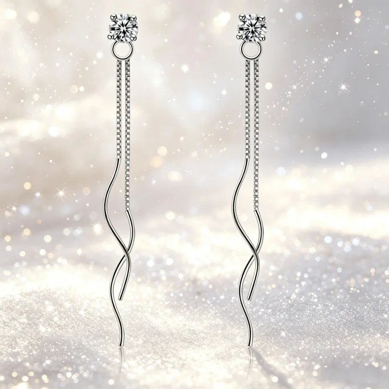 925 Sterling Silver Temperament Simple Fringed Corrugated Four-claw Zircon Earrings Birthday Party Anniversary Gift