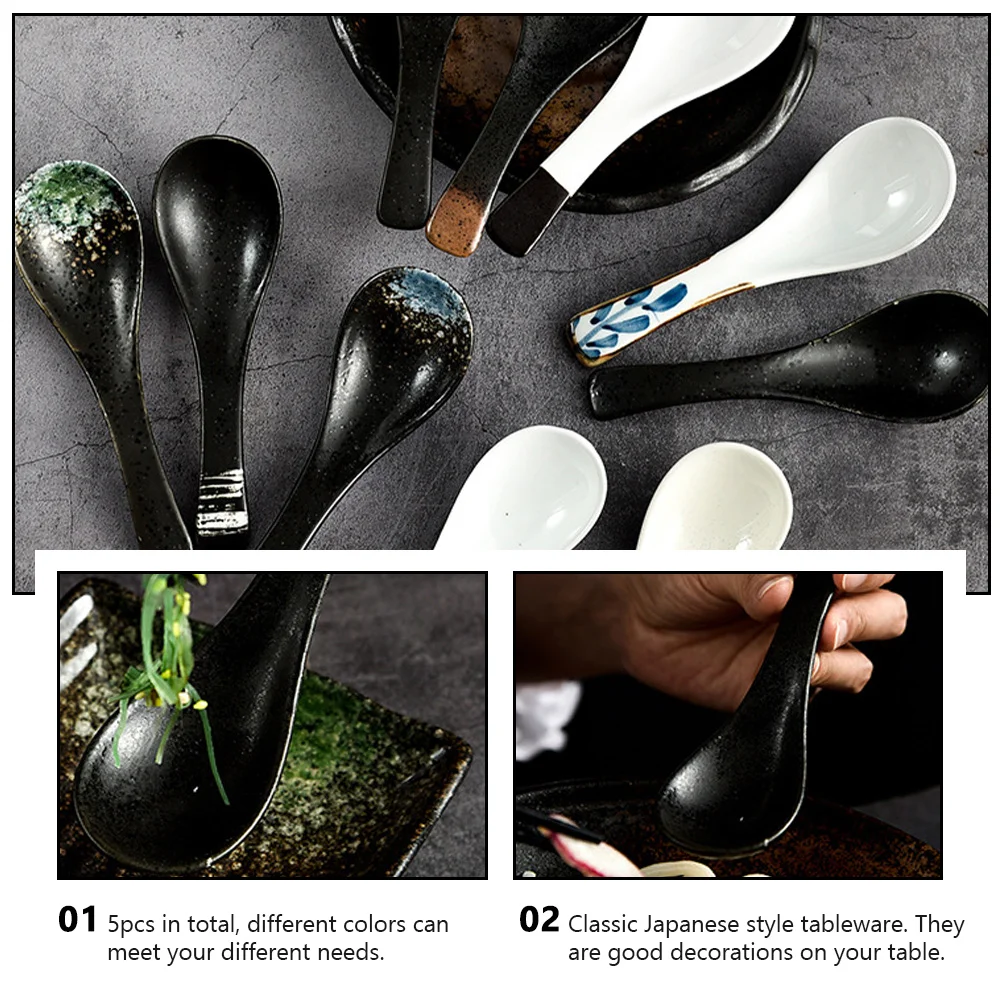 5Pcs Ceramic Spoon Vintage Japanese Style Tableware Soup Spoon Rice Spoon Restaurant Spoon Porridge Spoon Porcelain Spoon