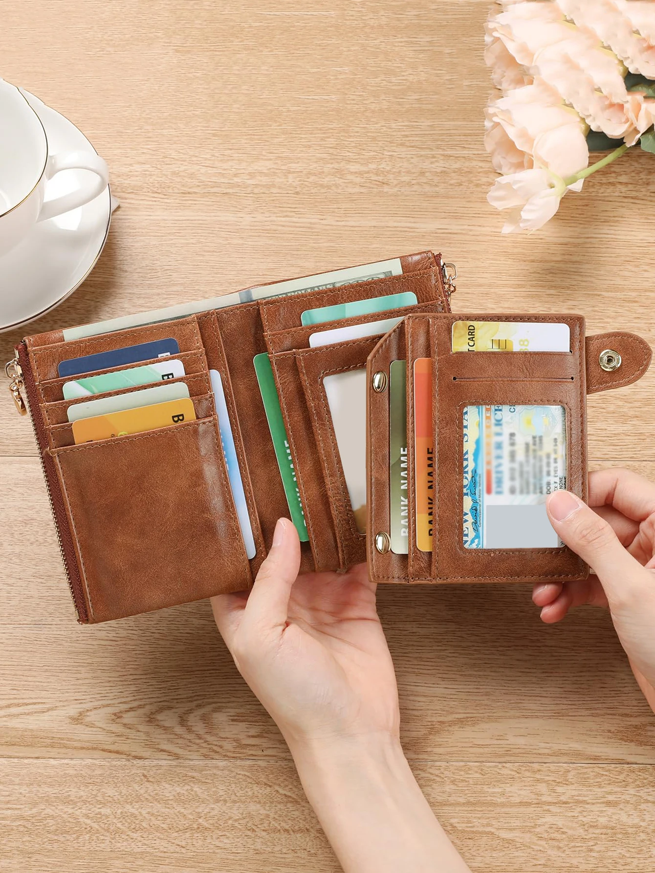 Minimalistische Damen-Geldbörse, kurz, dreilagig, großes Fassungsvermögen, Doppelreißverschluss, Kartenhalter, Ausweis, Kreditkartenetui, Geldbeutel – Detail 19