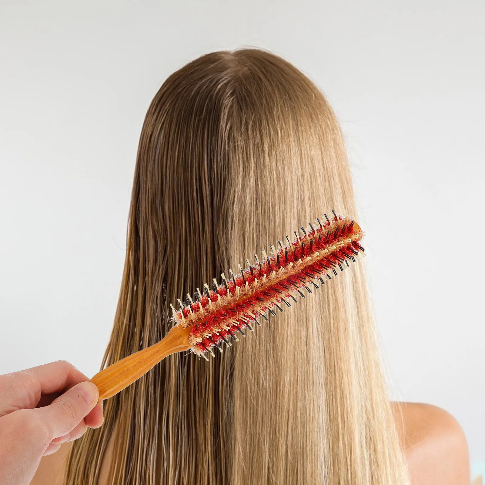 

Styling Curling Comb Round Hair Brush with Wood Handle Comfortable Grip for Salon Barber Personal Use Straight Curly Hair Blow