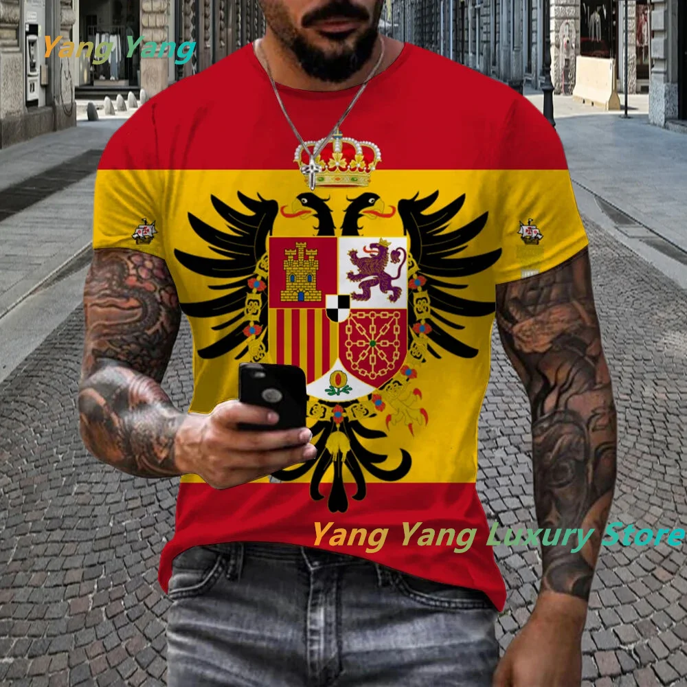 2024 New Cool Summer Unisex Spanish Flag 3D Printed T-shirt Men\'s and Women\'s Casual Spanish T-shirt Short Sleeved