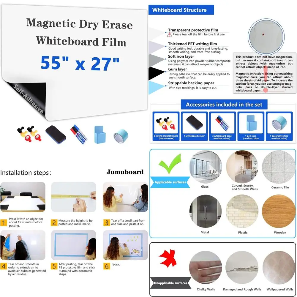 

55x27 Inch Magnetic Dry Erase Whiteboard Film - Adhesive, Easy Clean, Includes Marker, Eraser & Magnets for Office/Classroom/Hom