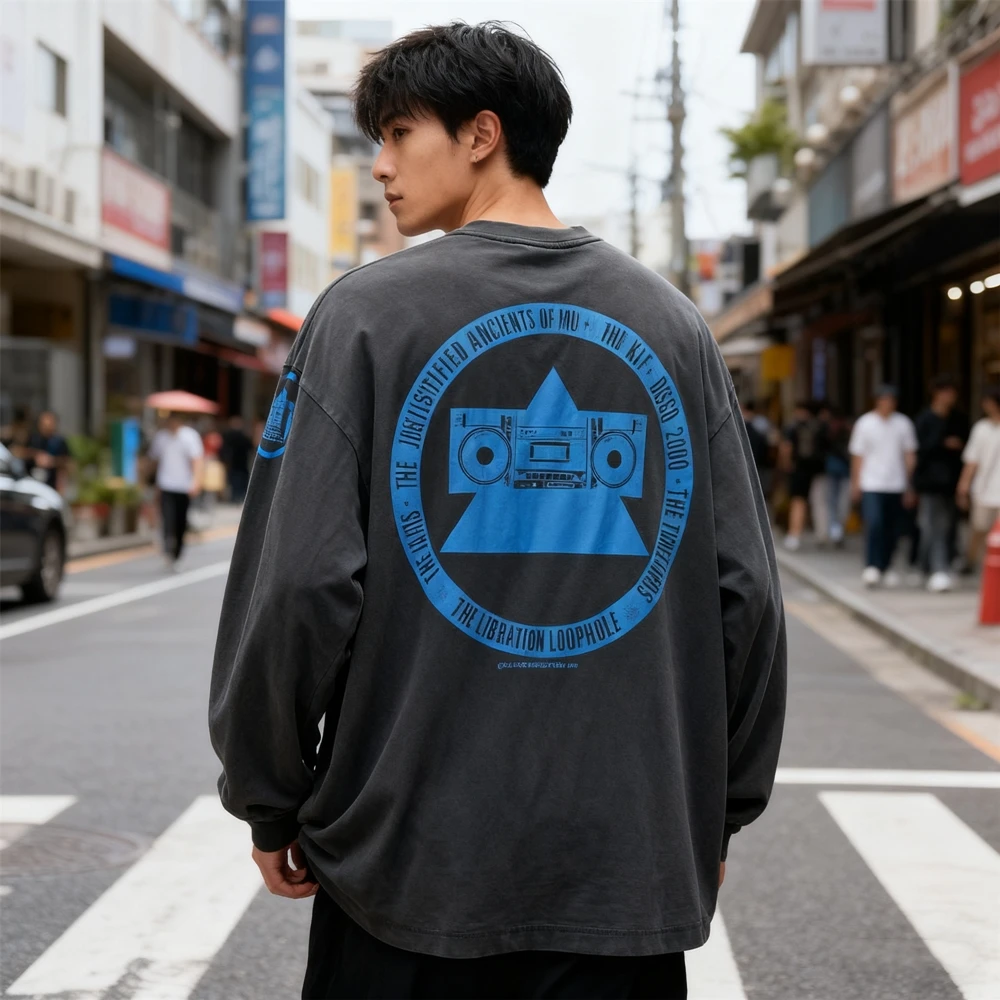 KUCLUT Fashion 1:1 SAINT Japanese Style Quality Tops Vintage Graphics Long Sleeves Tee 100%Cotton Oversized Loose T Shirt Men