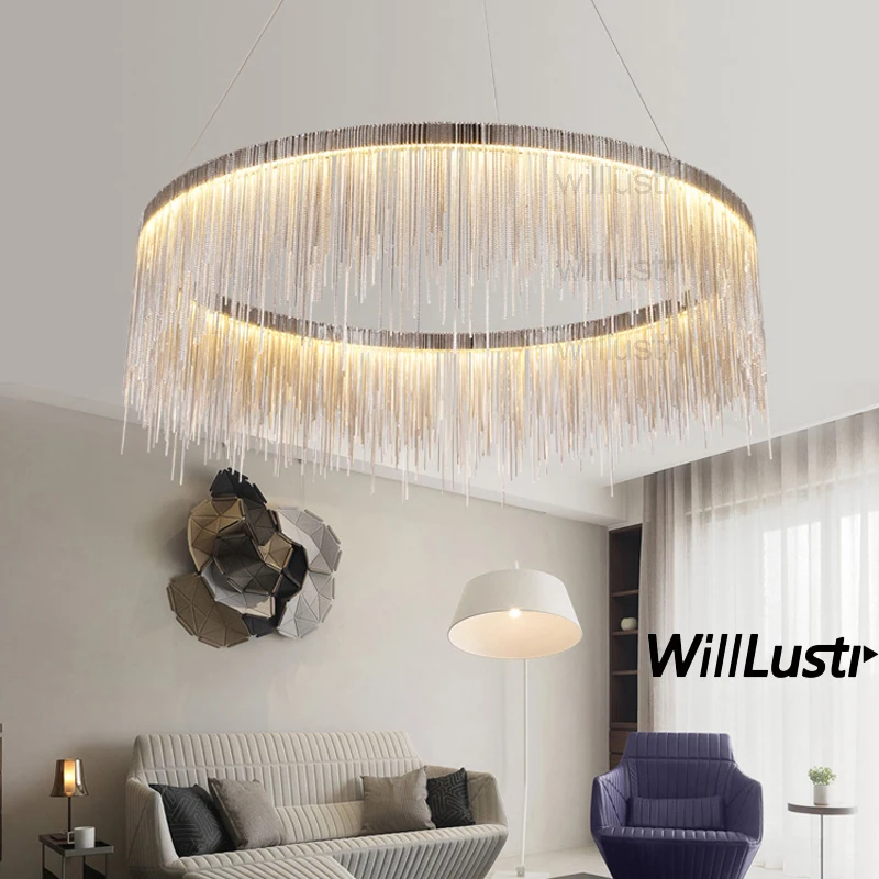 

Aluminum Chain Ring Round Pendant Lamp Fringe Chains Ceiling Chandelier Living Room Hotel Restaurant Suspension Hanging Light