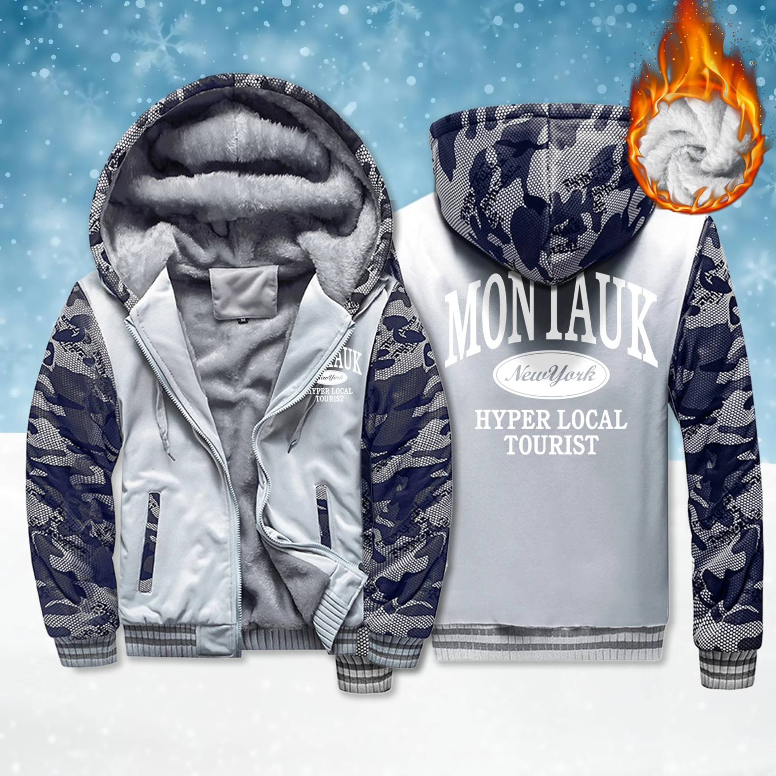 

Montauk New York Hyper Local Tourist Print Men Thicken Coat Loose Zipper Fleece Hoodie Winter Thicken Top Soft Unisex Clothes