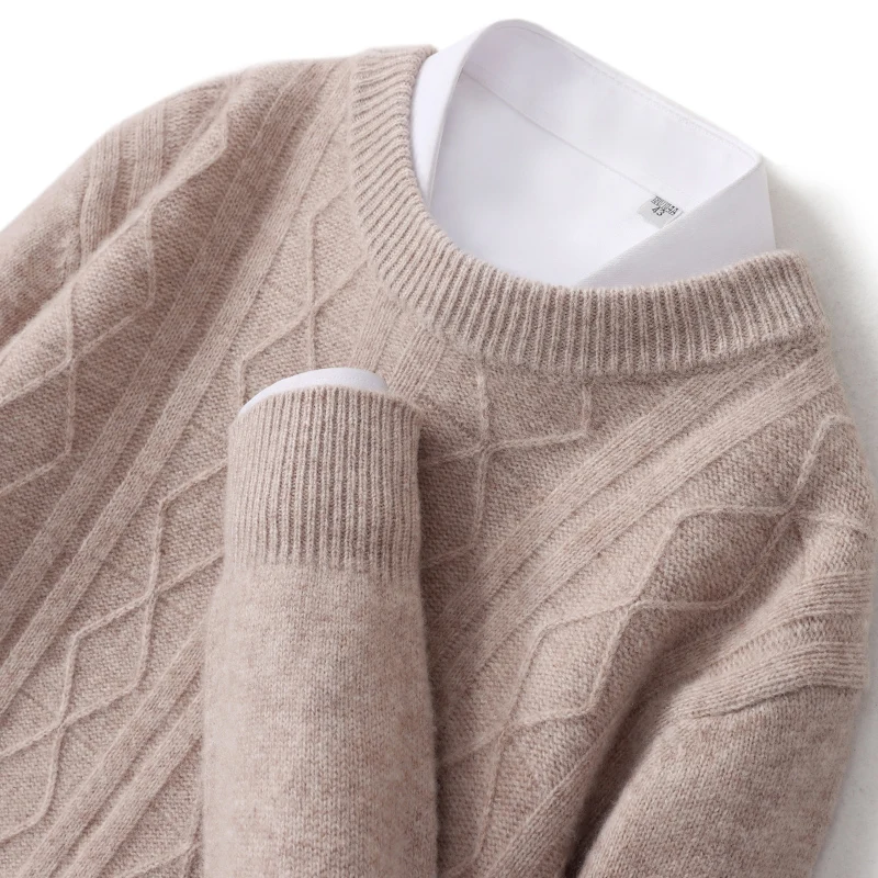 

Men's Mock Neck Twist Flower Wool Pullovers Thick Sweater Casual Clothes Autumn Winter Cosy 100% Merino Wool Knitwear Tops