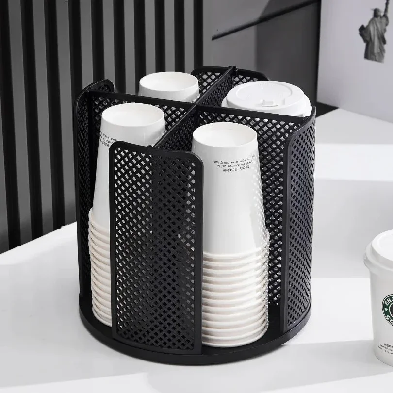 Rotatable Plastic Cup Storage Organizer 360°Dispenser 4 Compartment Cups and Lids Holder Detachable Desktop Coffee Cup Dispenser