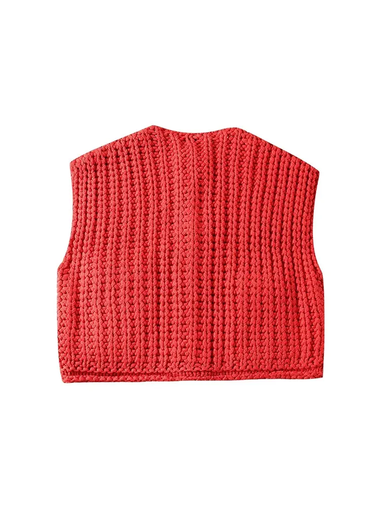 TRAF 2024 Spring Women Vest With Pocket Sleeveless Sweater Knitting Vests for Women Button Pullovers Female Chic Waistcoat Tops