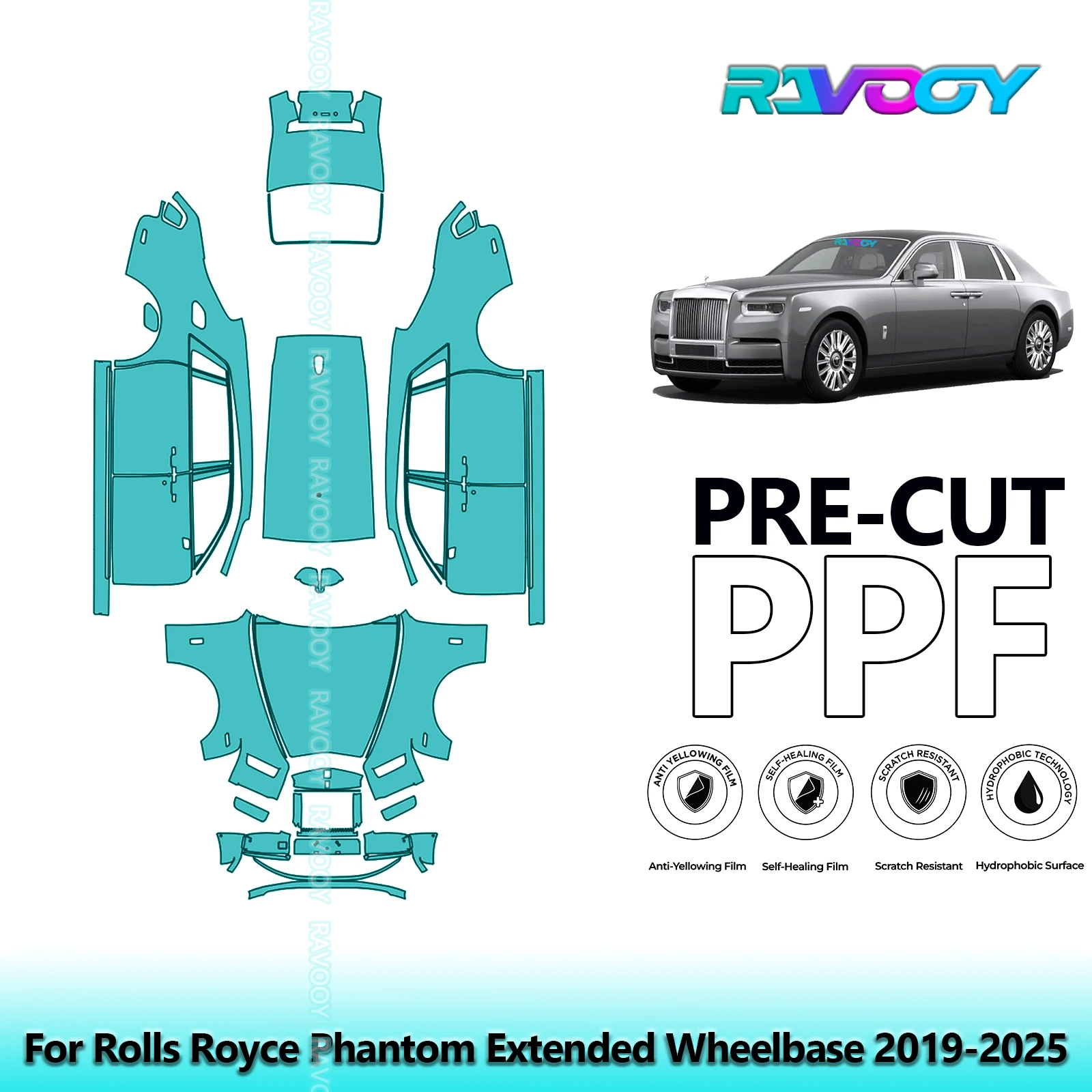 RAVOOY 8.5Mil Custom-Fit Precut TPU PPF Full Vehicle Clear Bra Stone Guard For Rolls Royce Phantom Extended Wheelbase 2019-2026