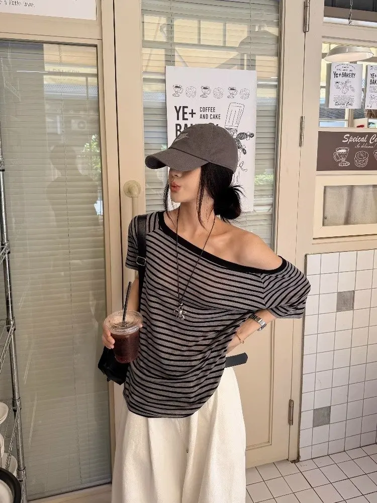 American Retro Striped Shoulder Bared Short Sleeve T Shirt Women Summer Loose Slimming Sexy Loose Feeling Top round Neck