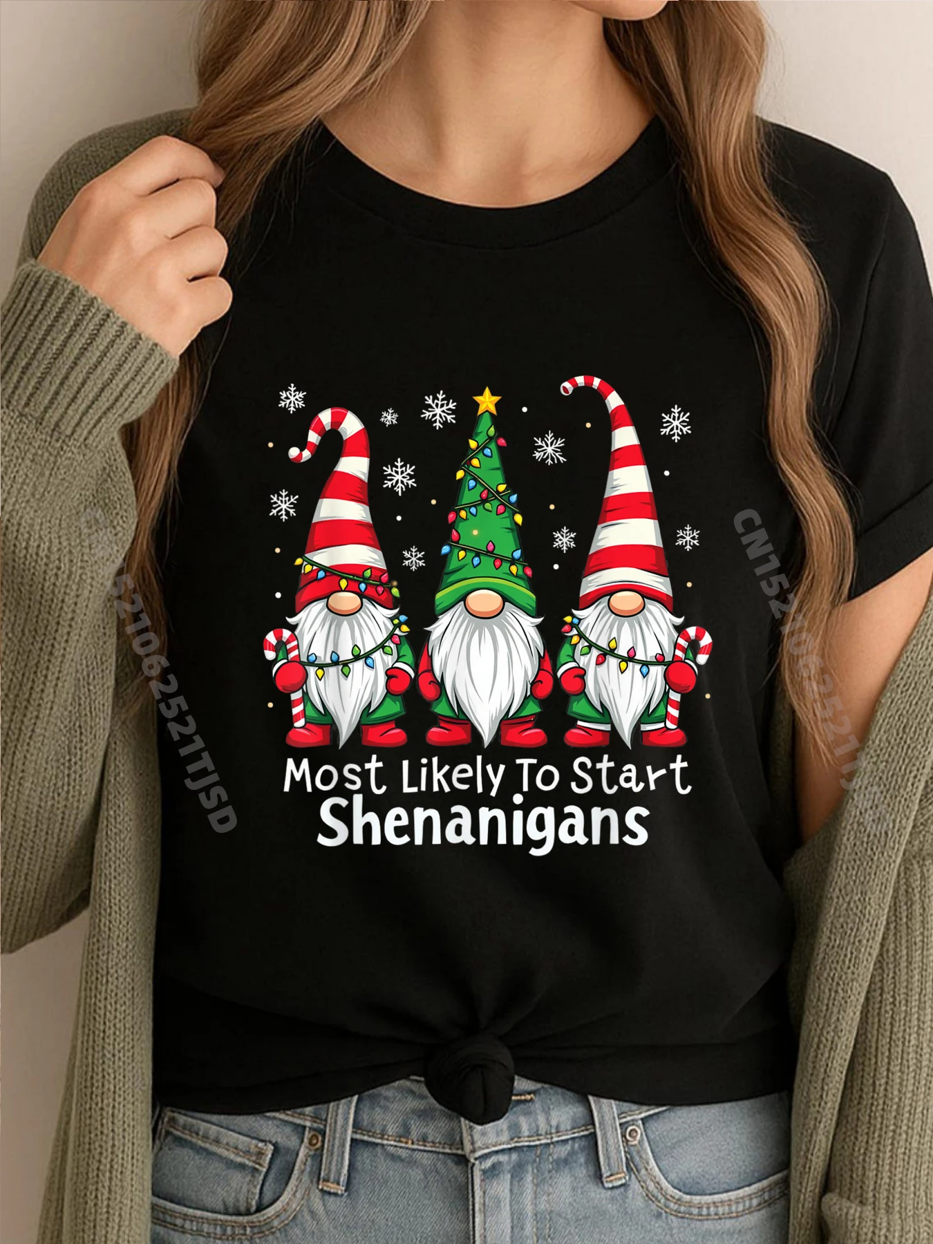 

Christmas Gnome Most Likely To Start Shenanigans Woman Graphic Tees Fashionable and Trendy Woman Clothing New Years Eve