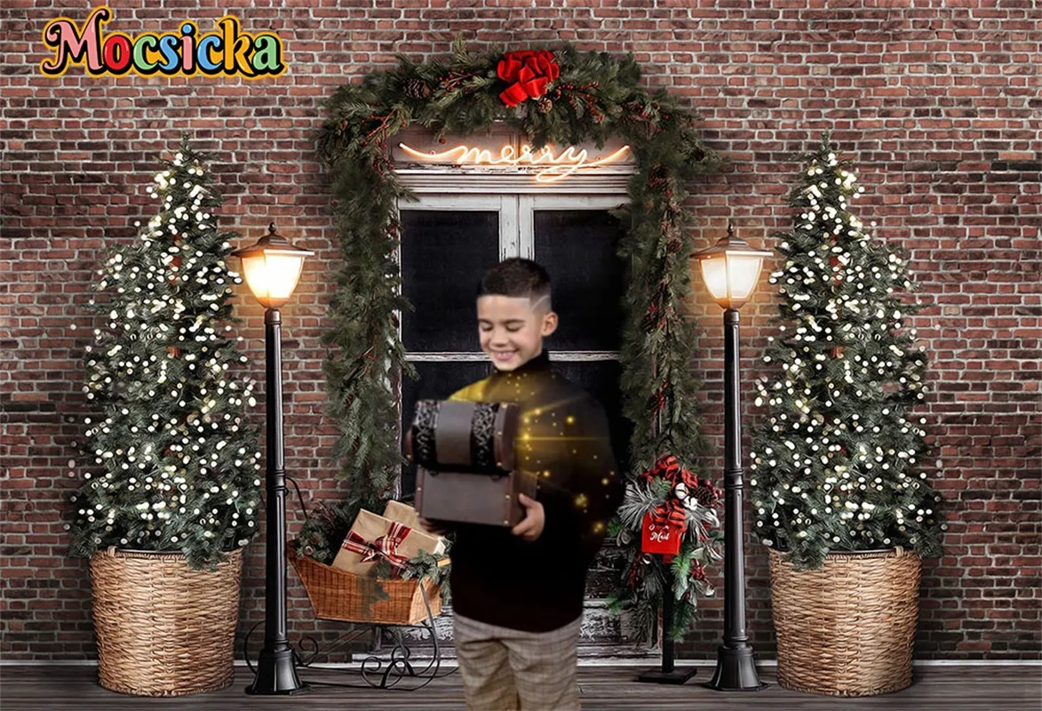 

Merry Christmas Photography Background Decor Brick Wall Door Xmas Tree Family Portraits Party Backdrop Studio Props For Photo