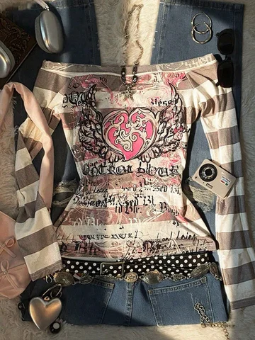 Women's Y2K Sweet 2000S Pink Angel Heart Print, Black And Gray Striped One-Shoulder Long-Sleeved T-Shirt, Suitable For Back-To-S