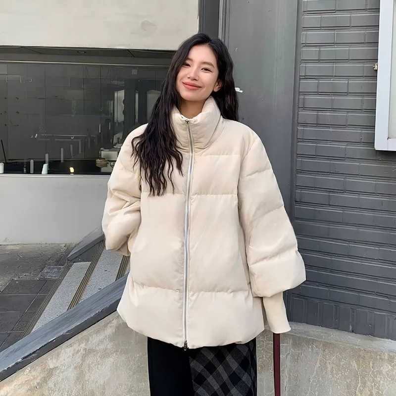 Retro Corduroy Jacket Winter Loose Thickened Warm Women Jacket Long-Sleeve Design Zipper Coat Windproof Stand Collar Women Coat