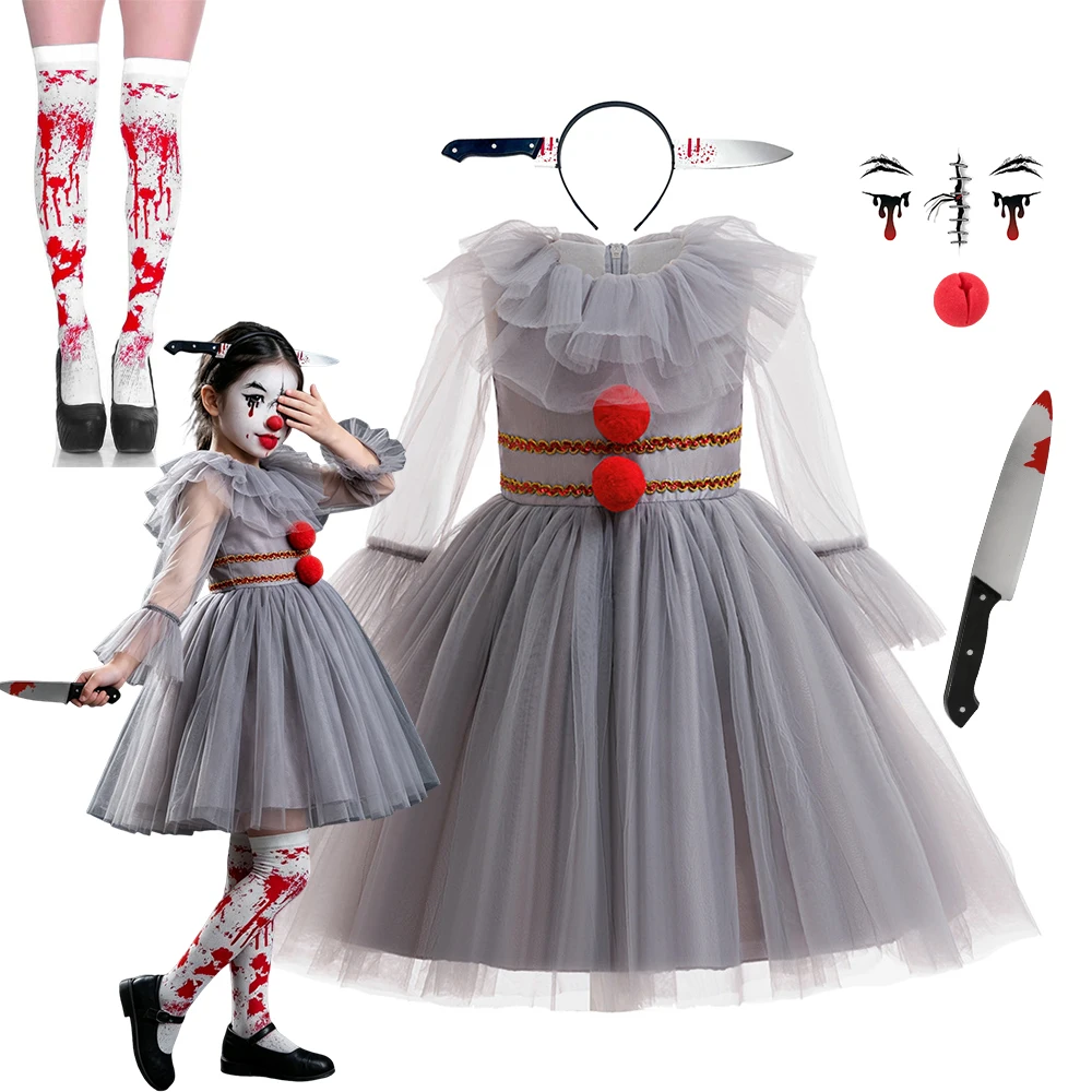 Halloween New Gray Joker Costume Girls Satin Patchwork Fluffy Mesh Dress Carnival Cosplay Creepy Clown Children Dress Up Clothes