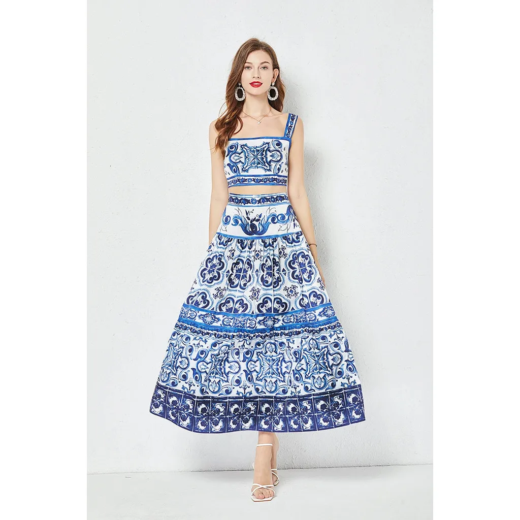 Summer Runway Blue And White Porcelain Two Piece Set Women Flower Print Short Crop Top + Holiday Beach Maxi Skirt Suits